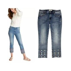 Driftwood Women's Colette Mid-Rise Cropped Jeans with Embroidered Hem Size 28